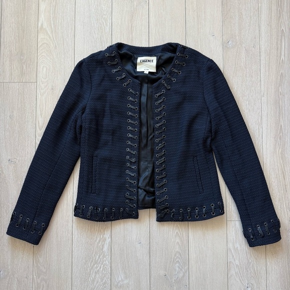 L’AGENCE Devereux Women's Navy Blue Lace-Up Bouclé Blazer Jacket Size 8 - Picture 2 of 12
